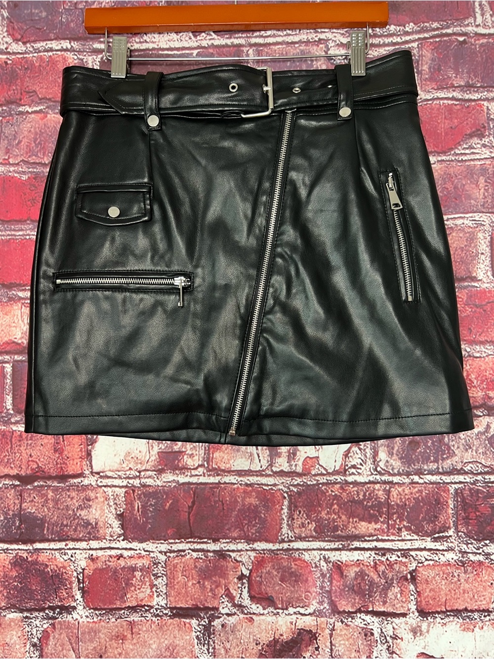 7 For All Mankind Black Faux Leather Belted Moto Mini Skirt Size M